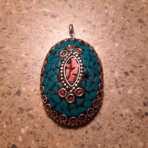 Beautiful handmade turquoise & red coral pendant